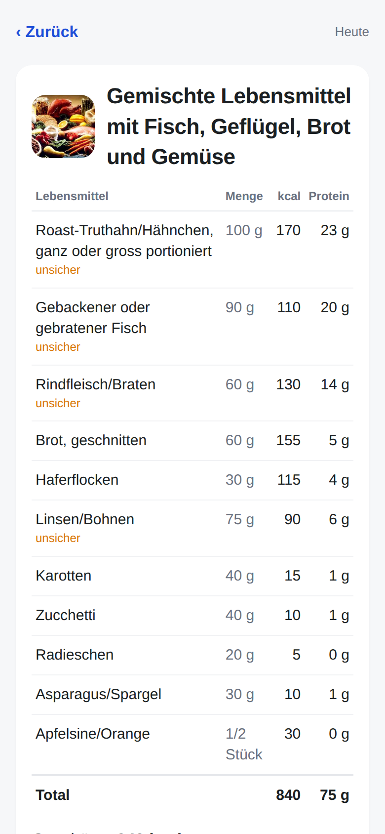 ProteinLook Analyse: erkannte Lebensmittel mit Menge, Kalorien und Protein, Bandbreite und Unsicherheiten
