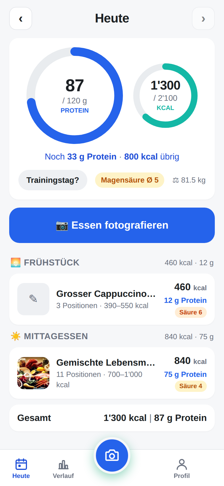 ProteinLook Tagesbilanz: Proteinring und Kalorienring, Mahlzeiten mit Kalorien, Protein und Magensäure-Index